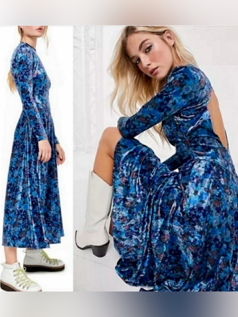 Free People Blue Floral Velvet Midi Dress